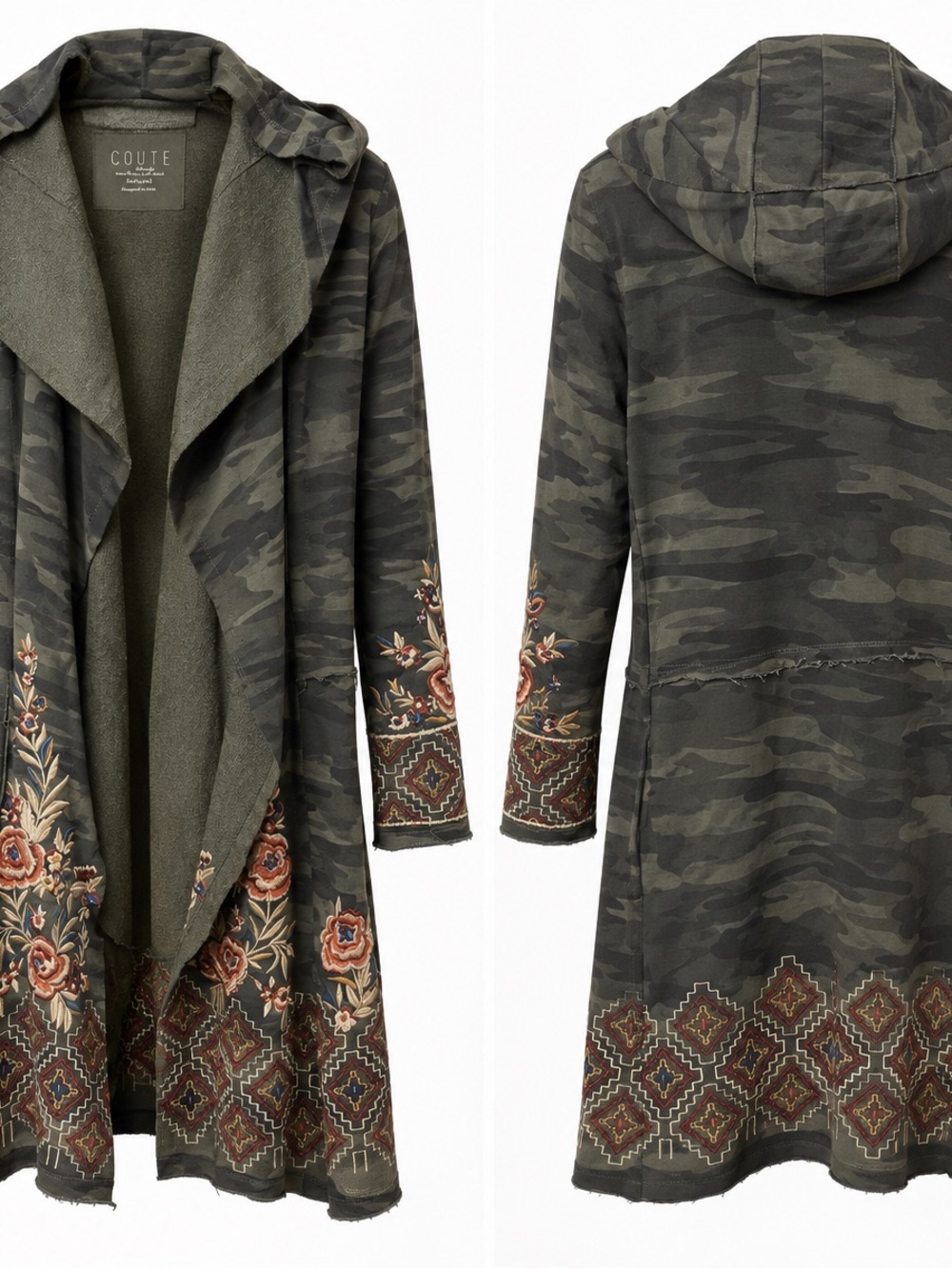 Ciate and Kyla Seo Anthropologie Camo Hooded Duster with Floral Embroidery